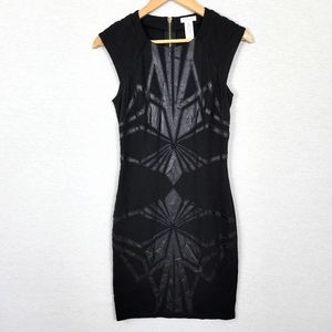 Cache Black Mesh Faux Leather Geometric Bodycon Cocktail Dress
